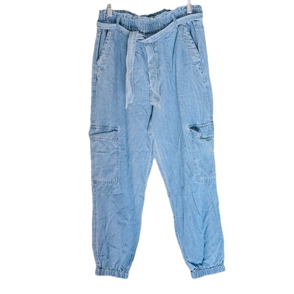 TGLA Light Wash Chambray Blue High Paperbag Waist‎ Belted Cargo Pocket Joggers M